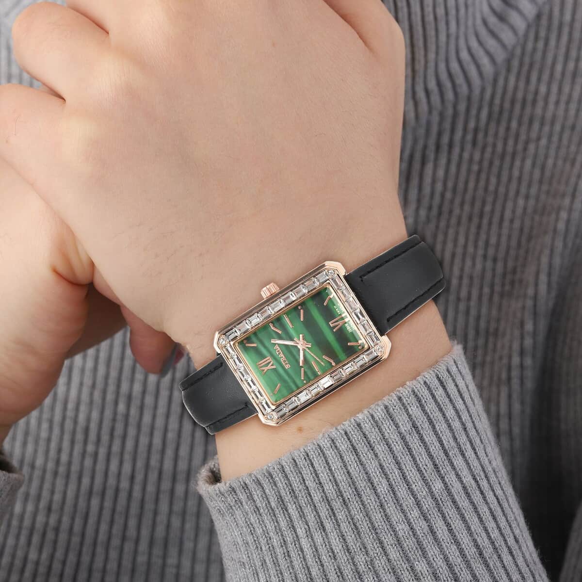 Strada Austrian Crystal Japanese Movement Simulated Malachite Dial Watch with Black Faux Leather Strap (33x26mm) (7.0-8.0Inches) image number 2