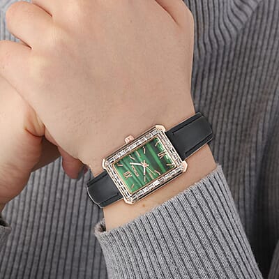 Strada Austrian Crystal Japanese Movement Simulated Malachite Dial Watch with Black Faux Leather Strap (33x26mm) (7.0-8.0Inches)