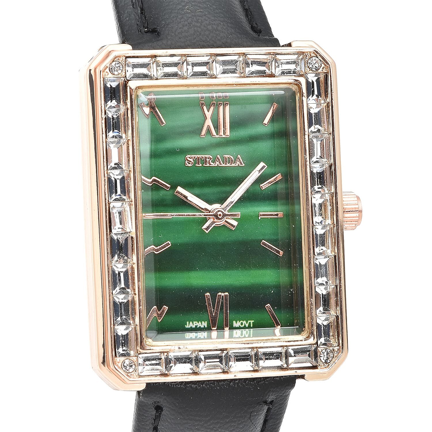 Strada Austrian Crystal Japanese Movement Simulated Malachite Dial Watch with Black Faux Leather Strap (33x26mm) (7.0-8.0Inches)