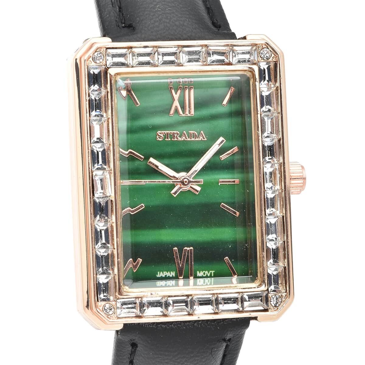 Strada Austrian Crystal Japanese Movement Simulated Malachite Dial Watch with Black Faux Leather Strap (33x26mm) (7.0-8.0Inches) image number 3