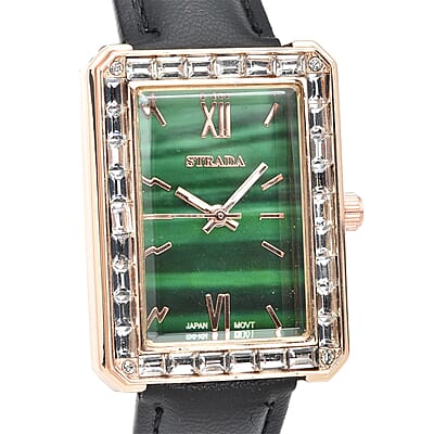 Strada Austrian Crystal Japanese Movement Simulated Malachite Dial Watch with Black Faux Leather Strap (33x26mm) (7.0-8.0Inches)