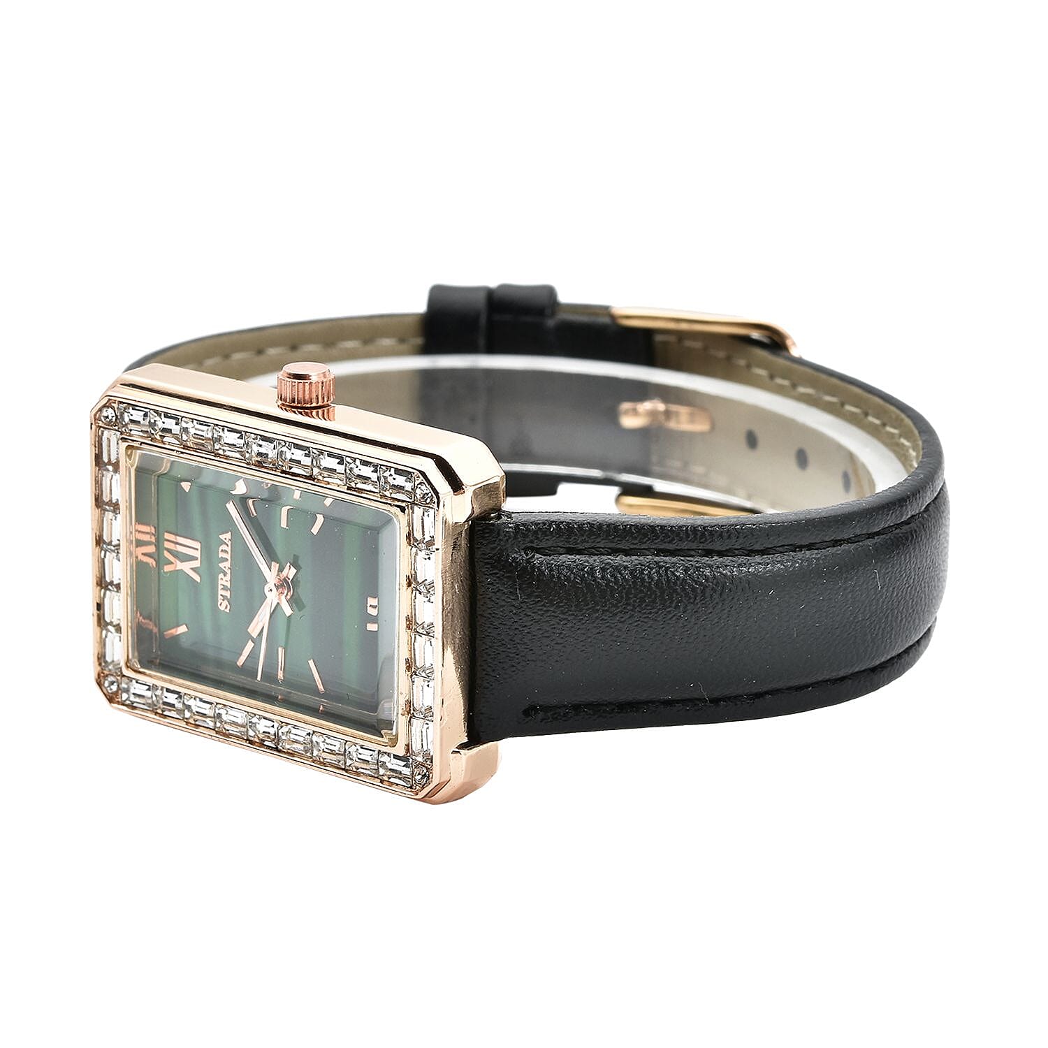 Strada Austrian Crystal Japanese Movement Simulated Malachite Dial Watch with Black Faux Leather Strap (33x26mm) (7.0-8.0Inches)