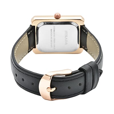 Strada Austrian Crystal Japanese Movement Simulated Malachite Dial Watch with Black Faux Leather Strap (33x26mm) (7.0-8.0Inches)