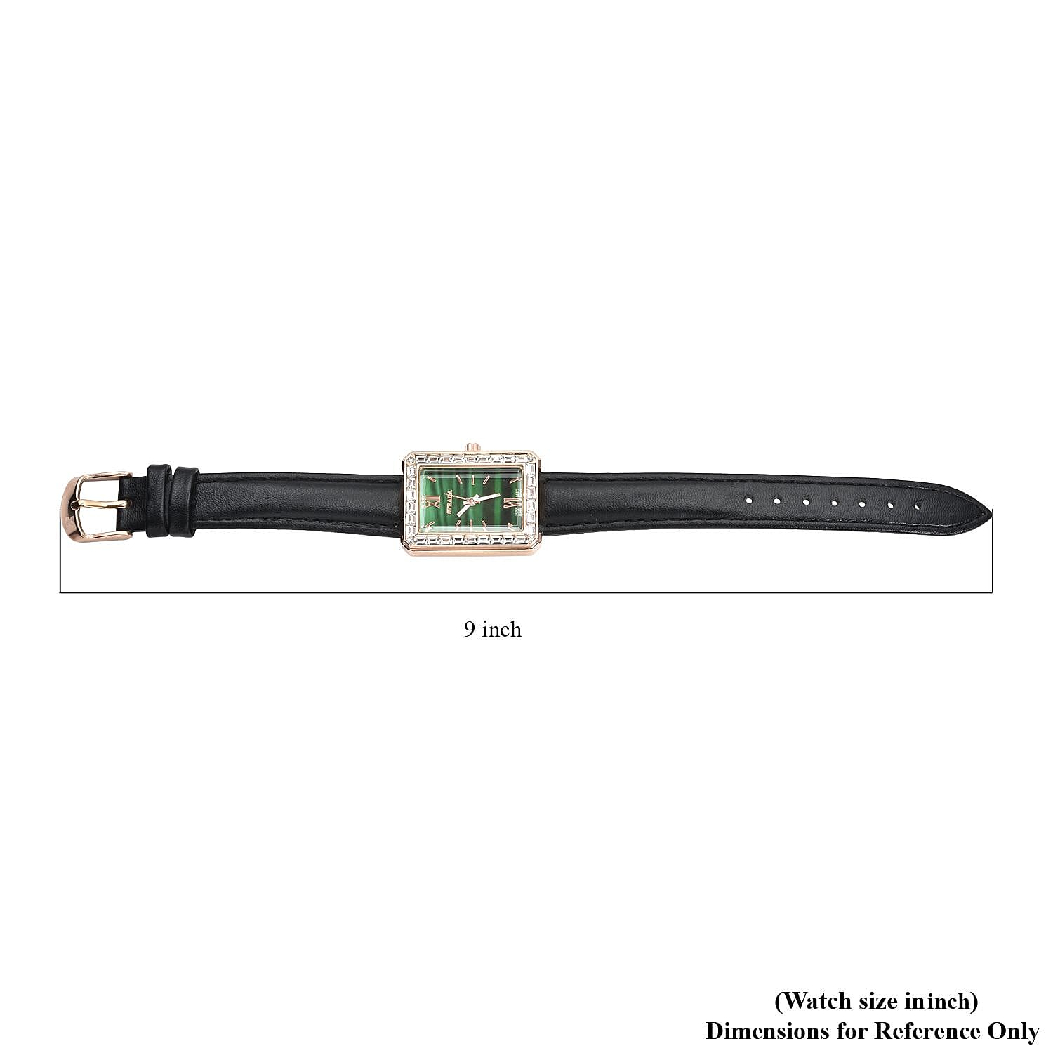 Strada Austrian Crystal Japanese Movement Simulated Malachite Dial Watch with Black Faux Leather Strap (33x26mm) (7.0-8.0Inches)