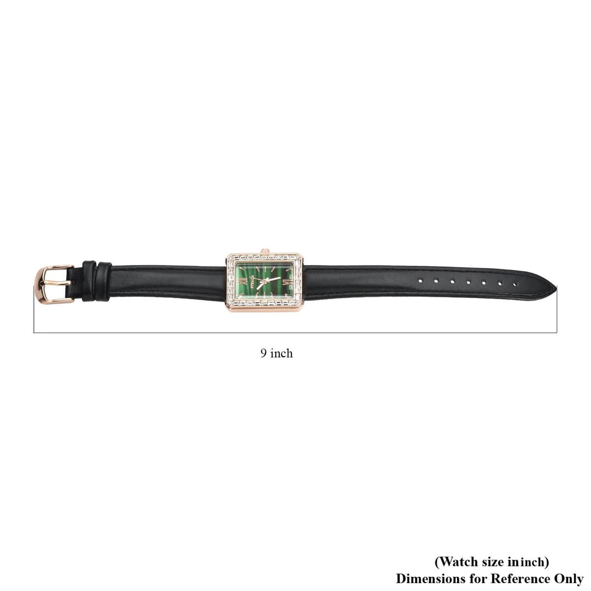 Strada Austrian Crystal Japanese Movement Simulated Malachite Dial Watch with Black Faux Leather Strap (33x26mm) (7.0-8.0Inches) image number 6
