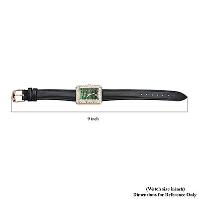 Strada Austrian Crystal Japanese Movement Simulated Malachite Dial Watch with Black Faux Leather Strap (33x26mm) (7.0-8.0Inches)