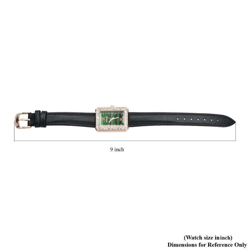 Strada Austrian Crystal Japanese Movement Simulated Malachite Dial Watch with Black Faux Leather Strap (33x26mm) (7.0-8.0Inches)