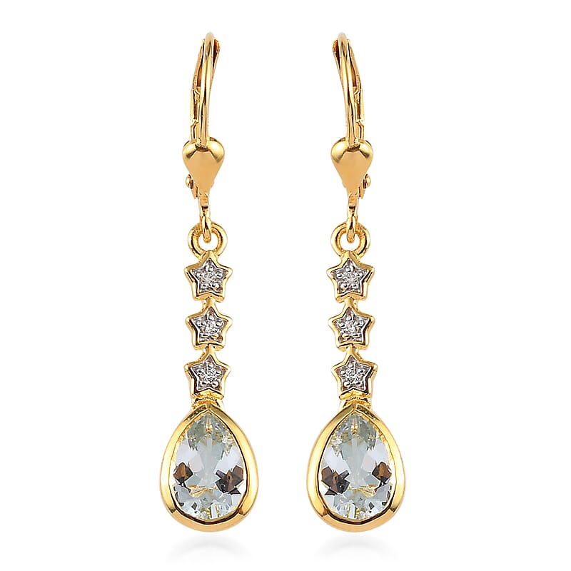 Espirito Santo Aquamarine and White Zircon Dangle Earrings in Vermeil Yellow Gold Over Sterling Silver 1.60 ctw