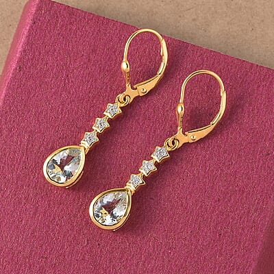 Espirito Santo Aquamarine and White Zircon Dangle Earrings in Vermeil Yellow Gold Over Sterling Silver 1.60 ctw