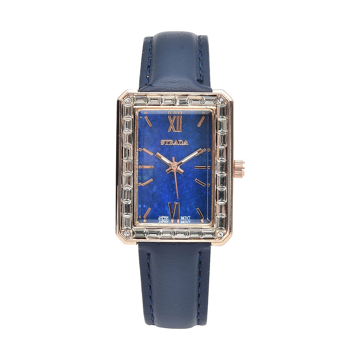 Strada Austrian Crystal Japanese Movement Simulated Lapis Dial Watch with Dark Blue Faux Leather Strap (33x26mm) (7.0-8.0Inches) image number 0