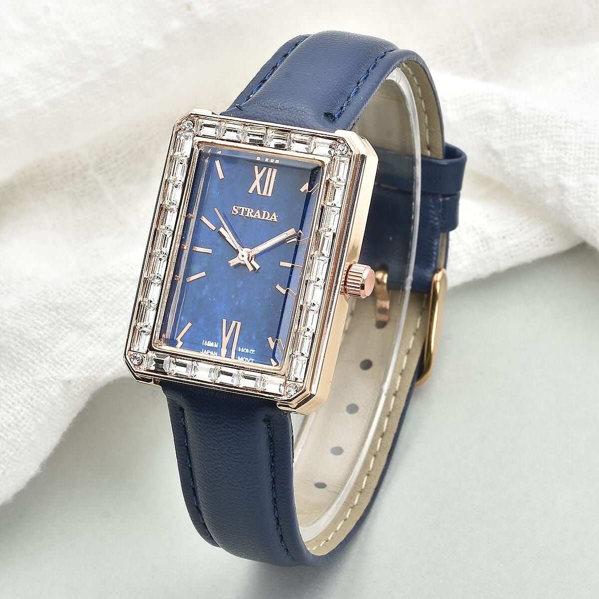 Strada Austrian Crystal Japanese Movement Simulated Lapis Dial Watch with Dark Blue Faux Leather Strap (33x26mm) (7.0-8.0Inches) image number 1