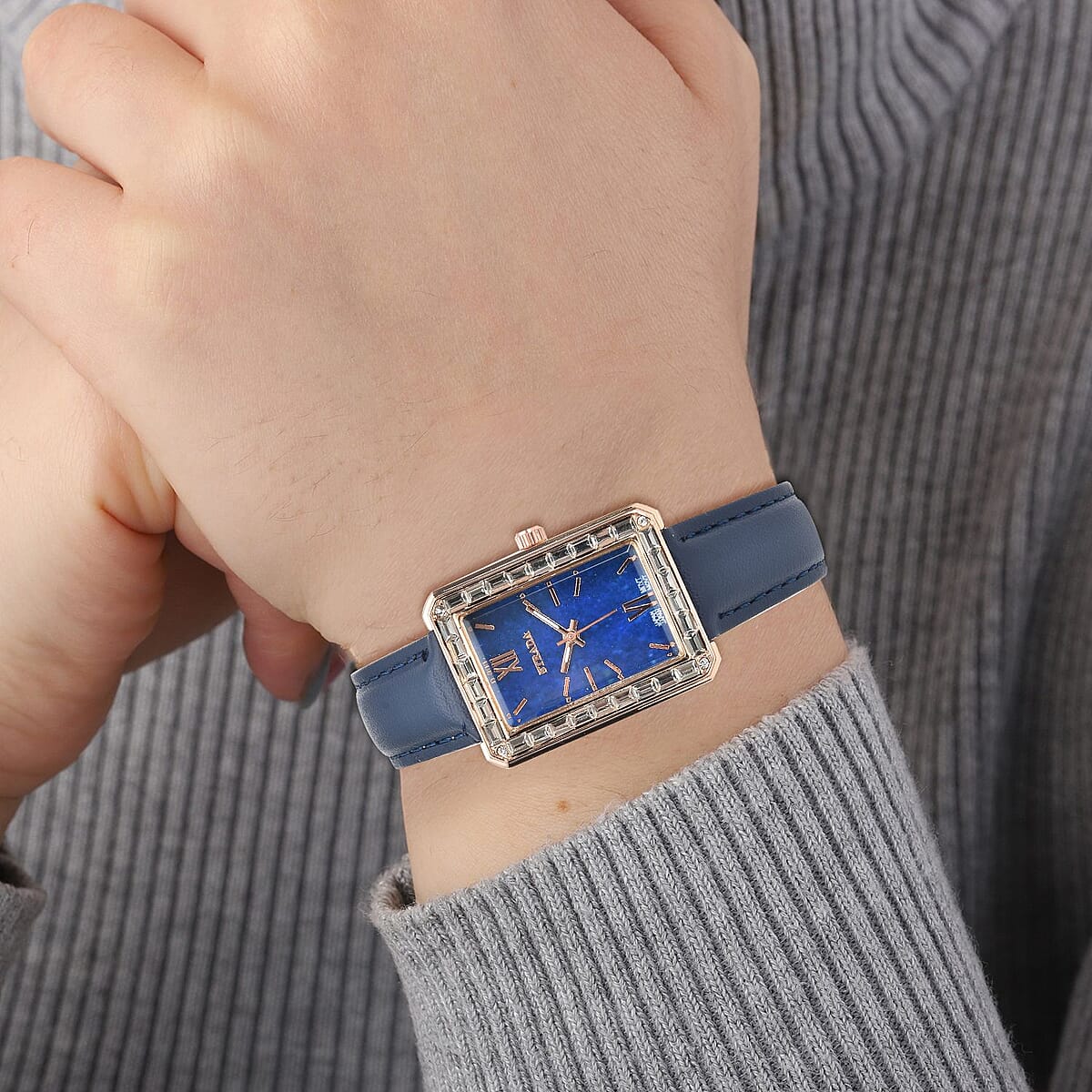 Strada Austrian Crystal Japanese Movement Simulated Lapis Dial Watch with Dark Blue Faux Leather Strap (33x26mm) (7.0-8.0Inches) image number 2