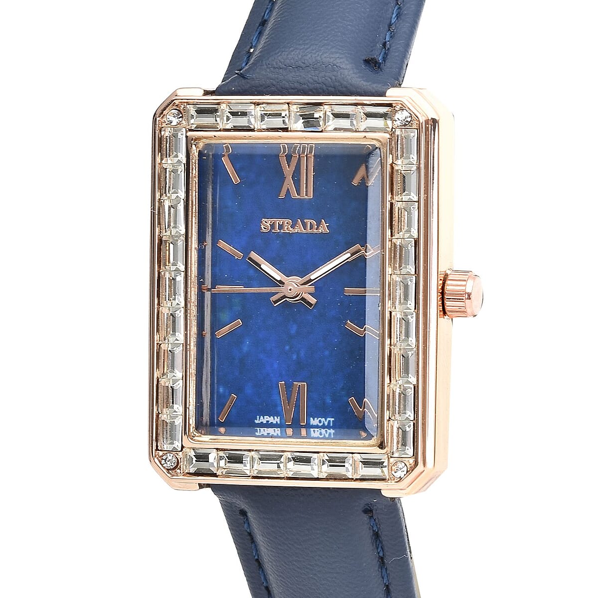 Strada Austrian Crystal Japanese Movement Simulated Lapis Dial Watch with Dark Blue Faux Leather Strap (33x26mm) (7.0-8.0Inches) image number 3