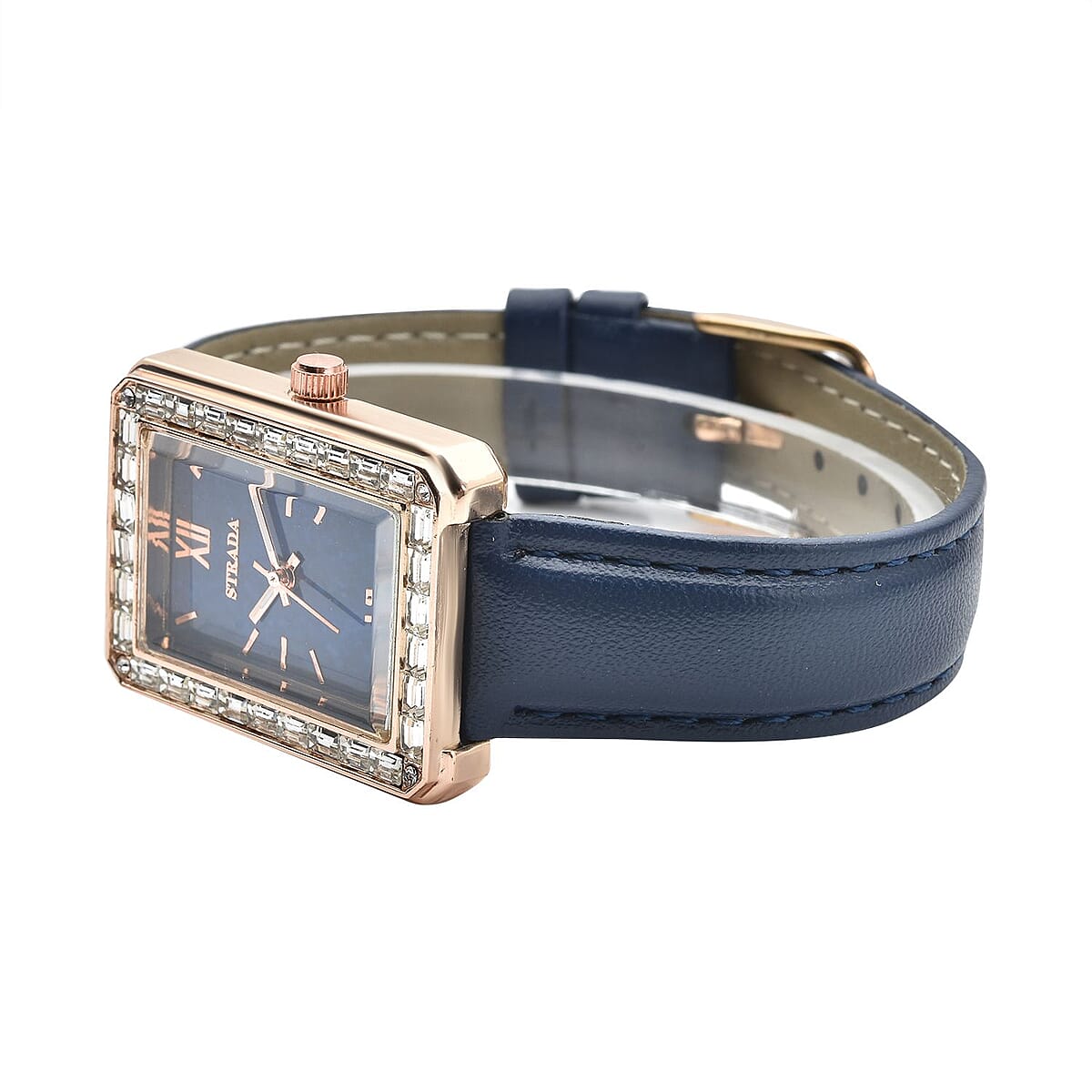 Strada Austrian Crystal Japanese Movement Simulated Lapis Dial Watch with Dark Blue Faux Leather Strap (33x26mm) (7.0-8.0Inches) image number 4
