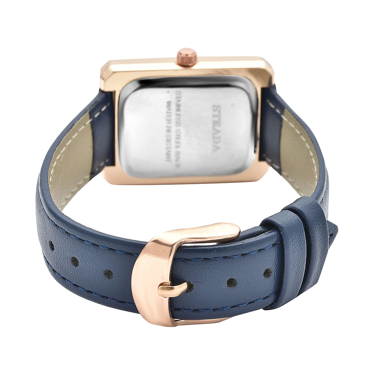 Strada Austrian Crystal Japanese Movement Simulated Lapis Dial Watch with Dark Blue Faux Leather Strap (33x26mm) (7.0-8.0Inches) image number 5