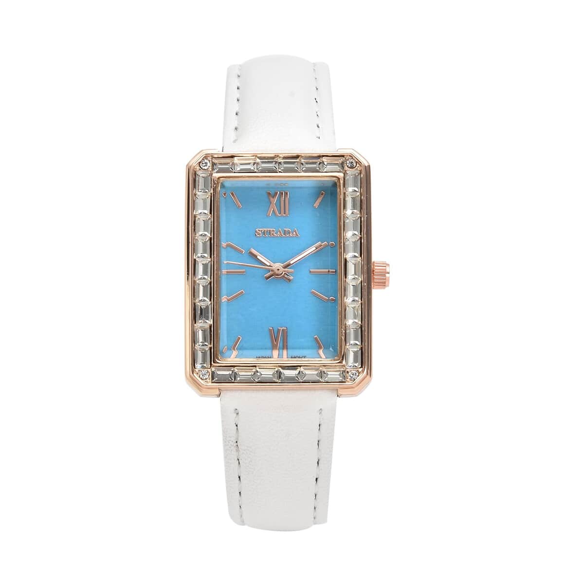Strada Austrian Crystal Japanese Movement Simulated Turquoise Dial Watch with White Faux Leather Strap (33x26mm) (7.0-8.0Inches) image number 0