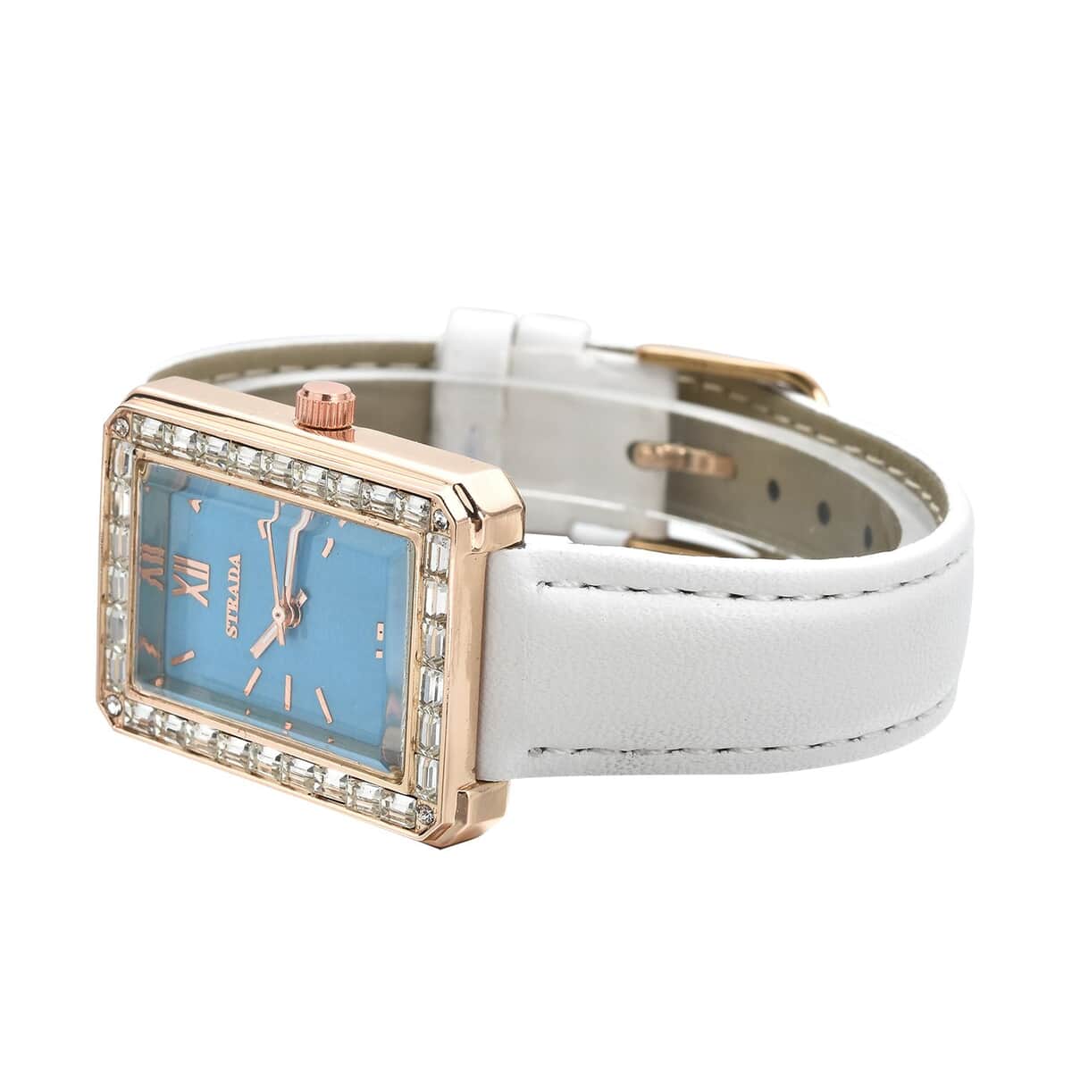 Strada Austrian Crystal Japanese Movement Simulated Turquoise Dial Watch with White Faux Leather Strap (33x26mm) (7.0-8.0Inches) image number 4