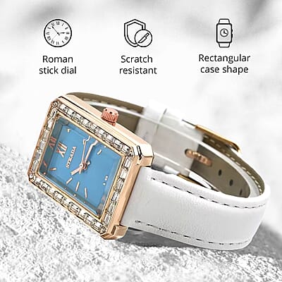Strada Austrian Crystal Japanese Movement Simulated Turquoise Dial Watch with White Faux Leather Strap (33x26mm) (7.0-8.0Inches)