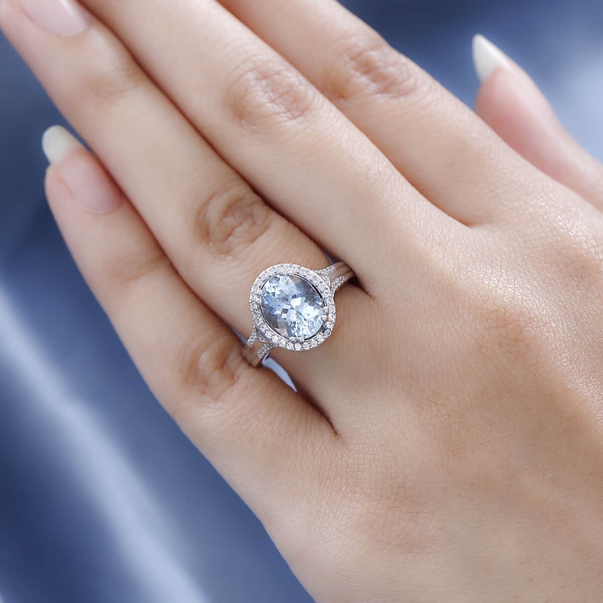 Premium Mangoro Aquamarine, White Zircon Halo Ring in Platinum Over Sterling Silver (Size 10.0) 2.85 ctw image number 2