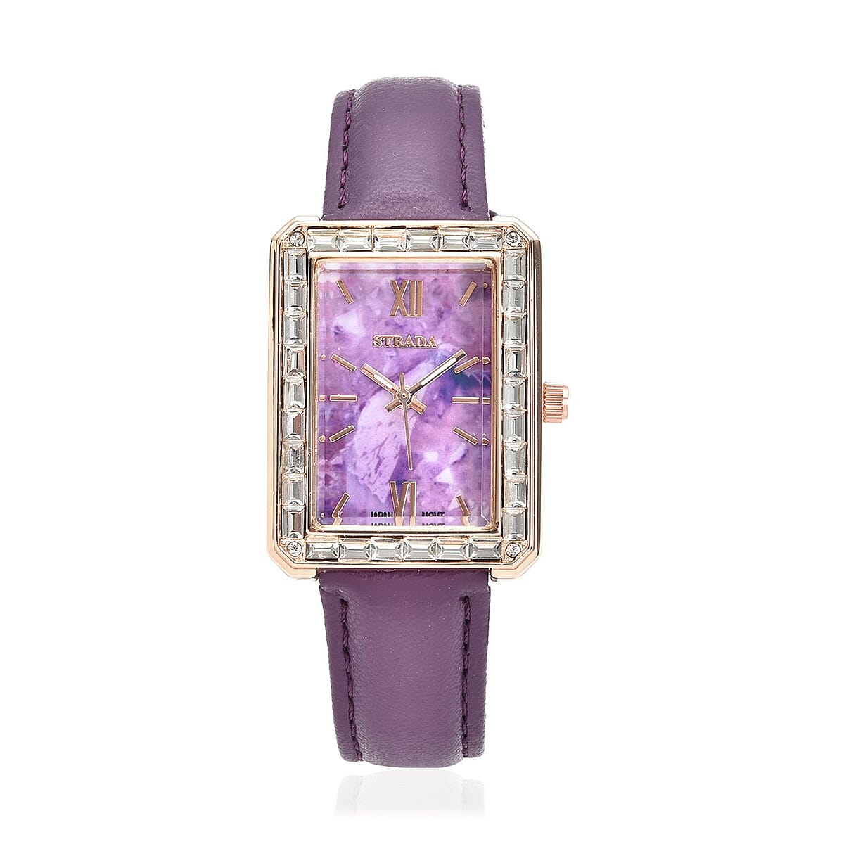 Strada Austrian Crystal Japanese Movement Simulated Amethyst Dial Watch with Purple Faux Leather Strap (33x26mm) (7.0-8.0Inches) image number 0
