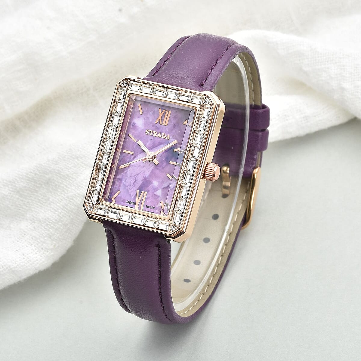 Strada Austrian Crystal Japanese Movement Simulated Amethyst Dial Watch with Purple Faux Leather Strap (33x26mm) (7.0-8.0Inches) image number 1