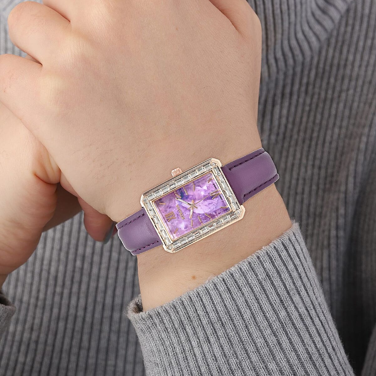 Strada Austrian Crystal Japanese Movement Simulated Amethyst Dial Watch with Purple Faux Leather Strap (33x26mm) (7.0-8.0Inches) image number 2
