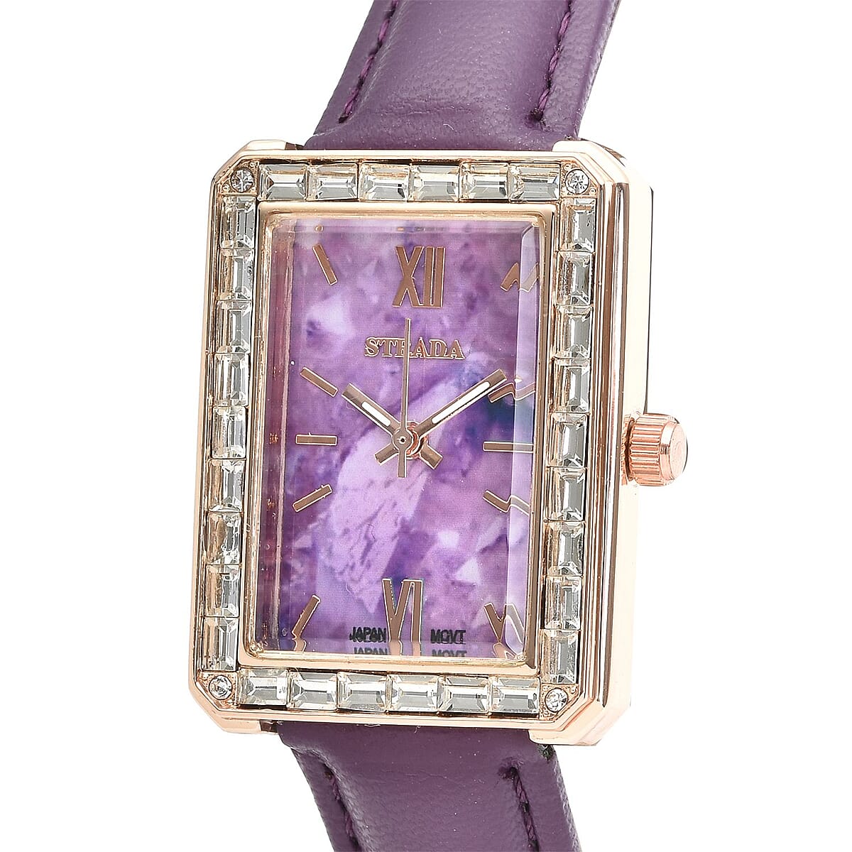 Strada Austrian Crystal Japanese Movement Simulated Amethyst Dial Watch with Purple Faux Leather Strap (33x26mm) (7.0-8.0Inches) image number 3