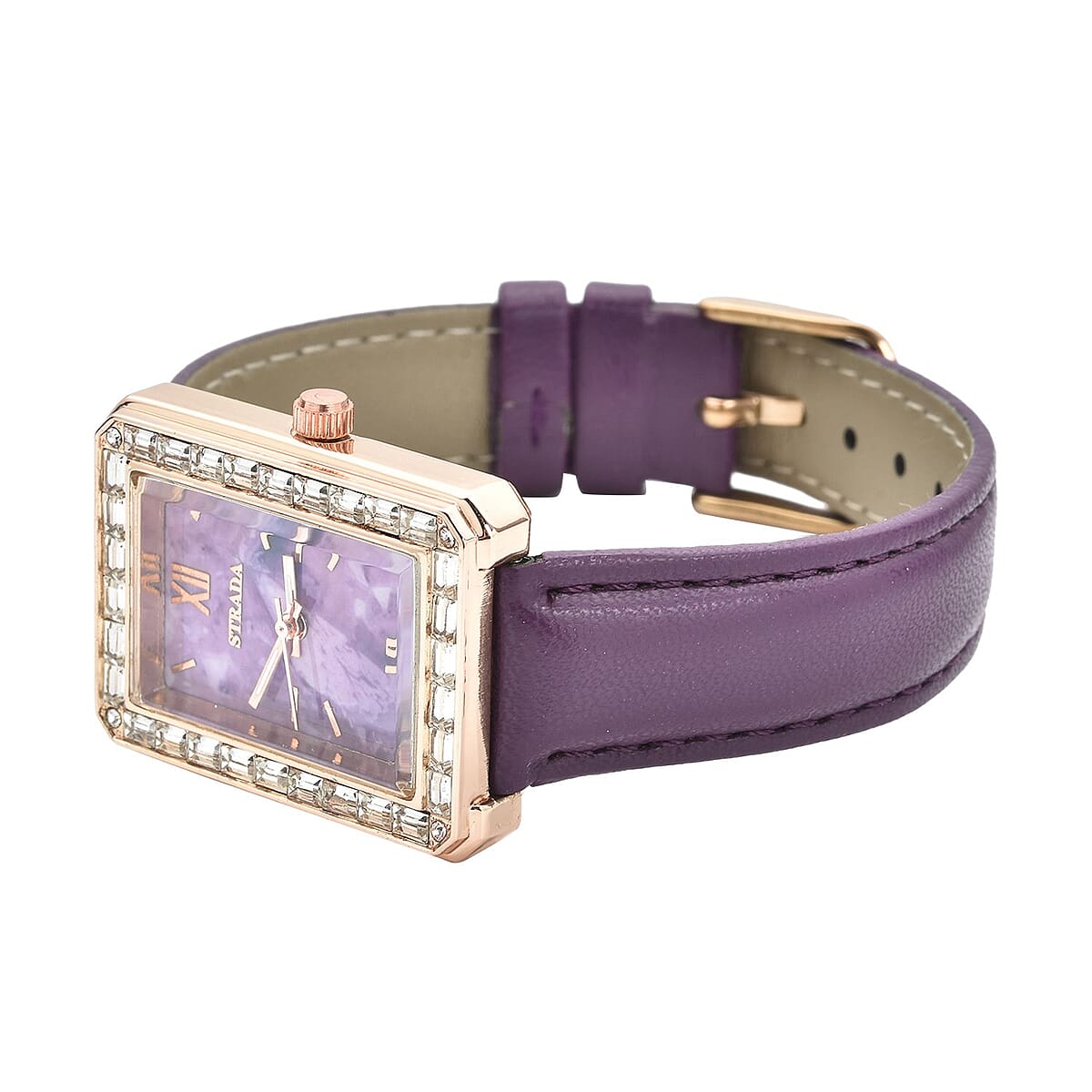 Strada Austrian Crystal Japanese Movement Simulated Amethyst Dial Watch with Purple Faux Leather Strap (33x26mm) (7.0-8.0Inches) image number 4
