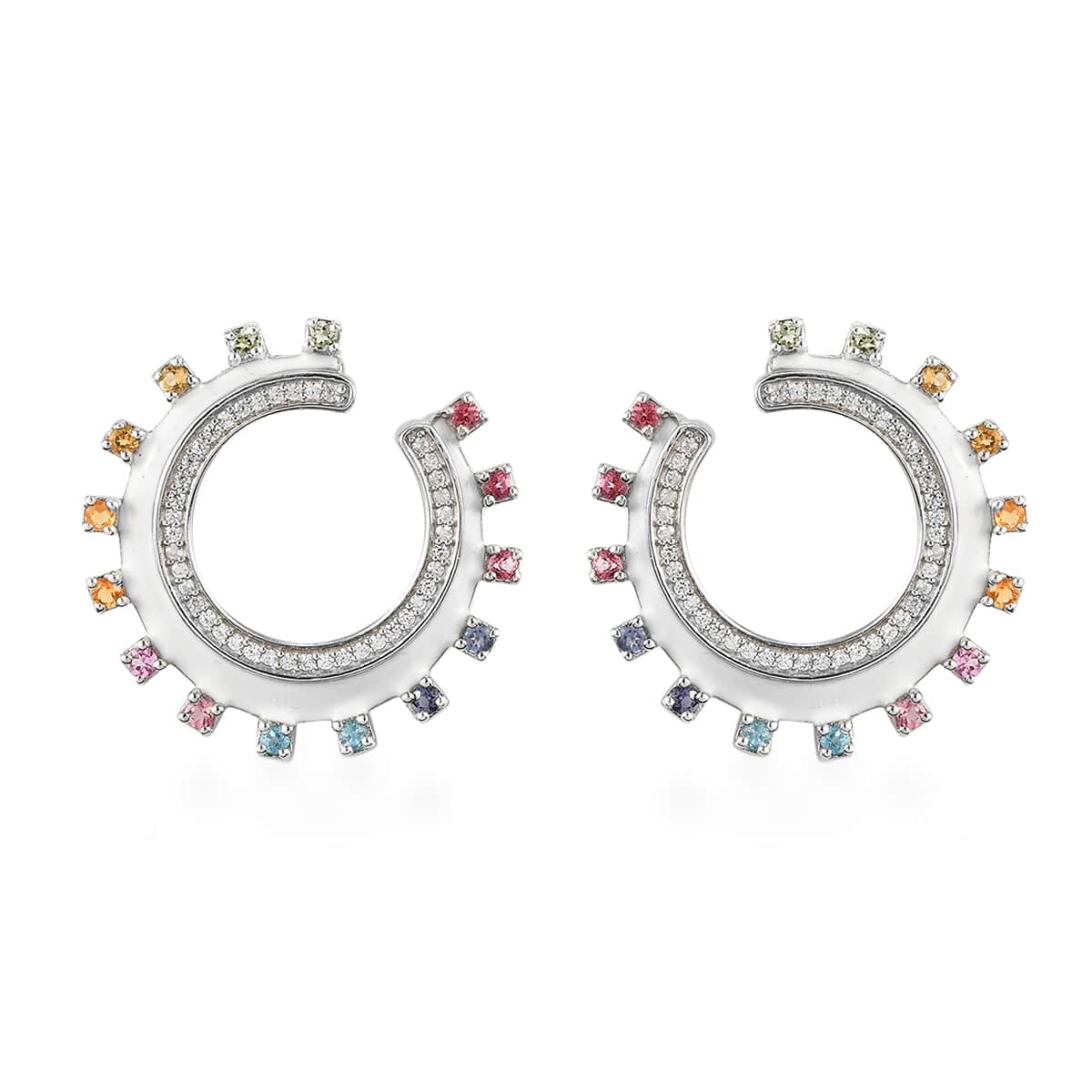 White Enamel Multi Gemstone Rainbow Statement Earrings in Platinum Over Sterling Silver 7.85 Grams 1.40 ctw image number 0