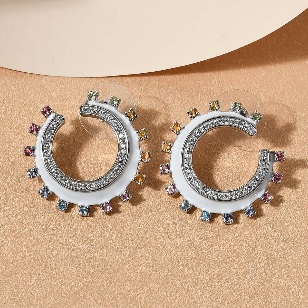 White Enamel Multi Gemstone Rainbow Statement Earrings in Platinum Over Sterling Silver 7.85 Grams 1.40 ctw image number 1