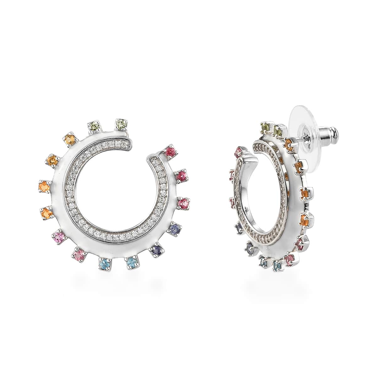 White Enamel Multi Gemstone Rainbow Statement Earrings in Platinum Over Sterling Silver 7.85 Grams 1.40 ctw image number 3
