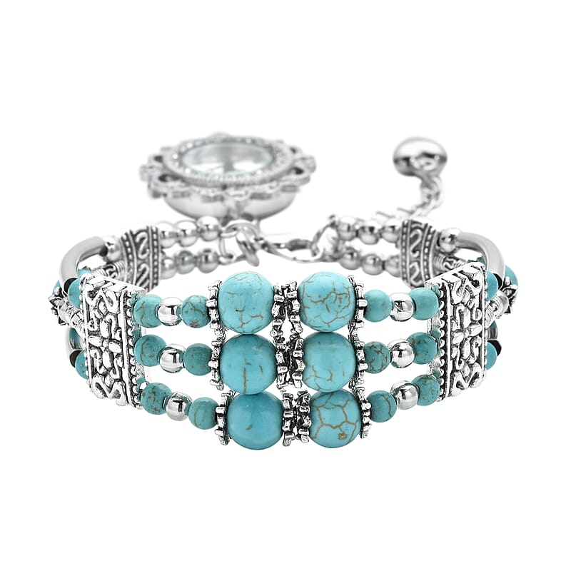 Strada Blue Howlite Beaded and Austrian Crystal Japanese Movement Bracelet Charm Watch in Silvertone (6.75- 8.25 In) 24.00 cts