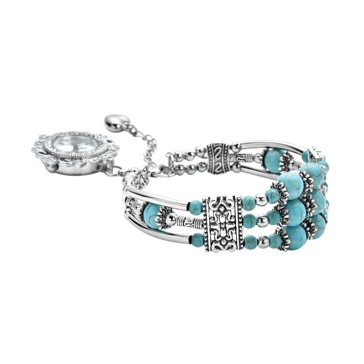 STRADA Blue Howlite Beaded, Austrian Crystal Japanese Movement Bracelet Charm Watch in Silvertone (6.75- 8.25 In) 24.00 ctw image number 2