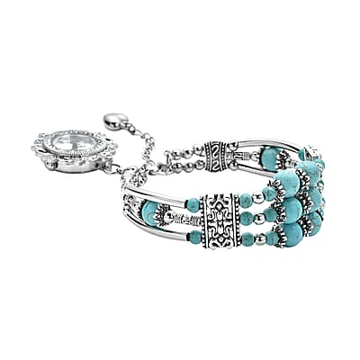 Strada Blue Howlite Beaded and Austrian Crystal Japanese Movement Bracelet Charm Watch in Silvertone (6.75- 8.25 In) 24.00 cts