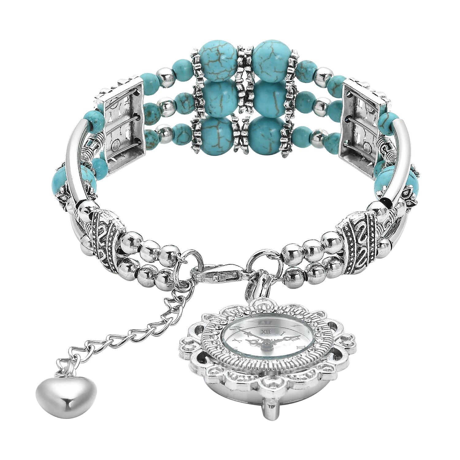 Strada Blue Howlite Beaded and Austrian Crystal Japanese Movement Bracelet Charm Watch in Silvertone (6.75- 8.25 In) 24.00 cts