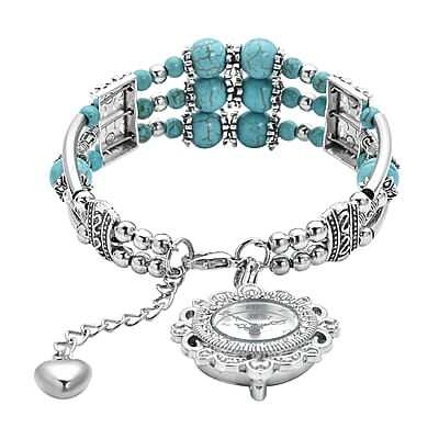 Strada Blue Howlite Beaded and Austrian Crystal Japanese Movement Bracelet Charm Watch in Silvertone (6.75- 8.25 In) 24.00 cts