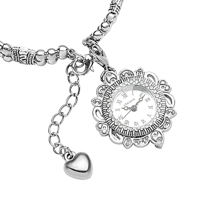 Strada Blue Howlite Beaded and Austrian Crystal Japanese Movement Bracelet Charm Watch in Silvertone (6.75- 8.25 In) 24.00 cts
