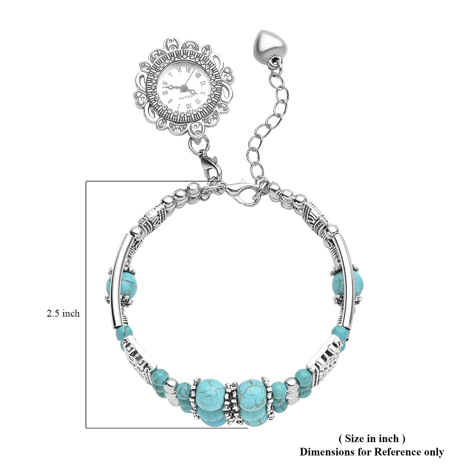 Strada Blue Howlite Beaded and Austrian Crystal Japanese Movement Bracelet Charm Watch in Silvertone (6.75- 8.25 In) 24.00 cts