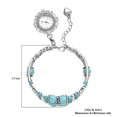 Strada Blue Howlite Beaded and Austrian Crystal Japanese Movement Bracelet Charm Watch in Silvertone (6.75- 8.25 In) 24.00 cts
