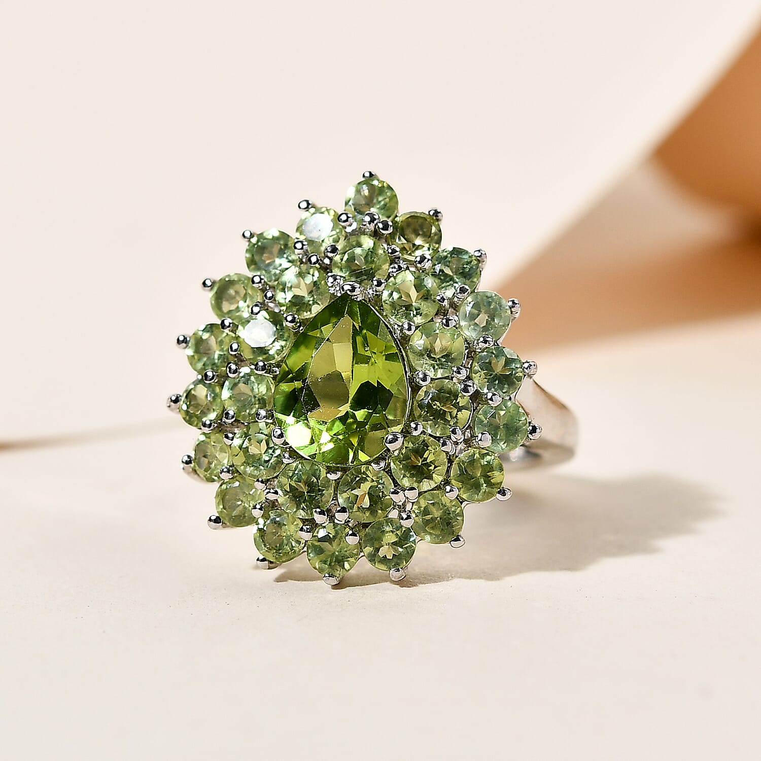 Hebei Peridot 3.70 ctw Ring in Platinum Over Sterling Silver (Size 5.5)