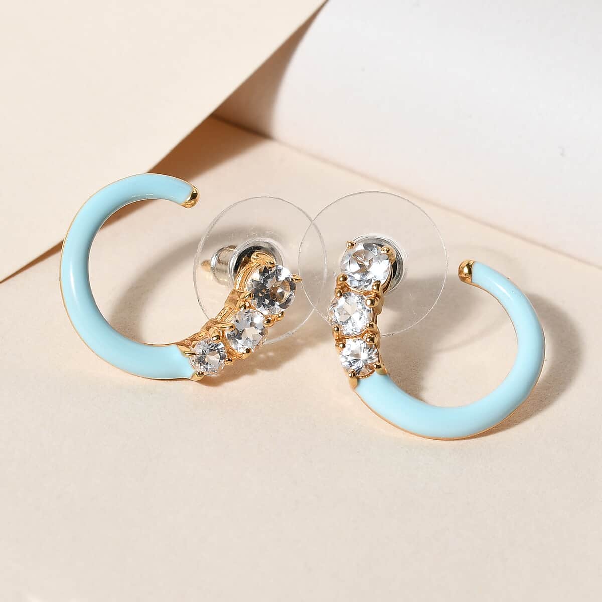 Whimsical Graduating White Topaz and Blue Enameled Statement Earrings in Vermeil Yellow Gold Over Sterling Silver 1.35 ctw image number 1