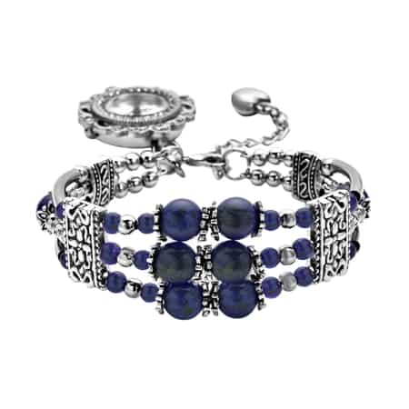 Strada Lapis Lazuli Beaded and Austrian Crystal Japanese Movement Bracelet Charm Watch in Silvertone (6.75- 8.25 In) 24.00 ctw image number 0