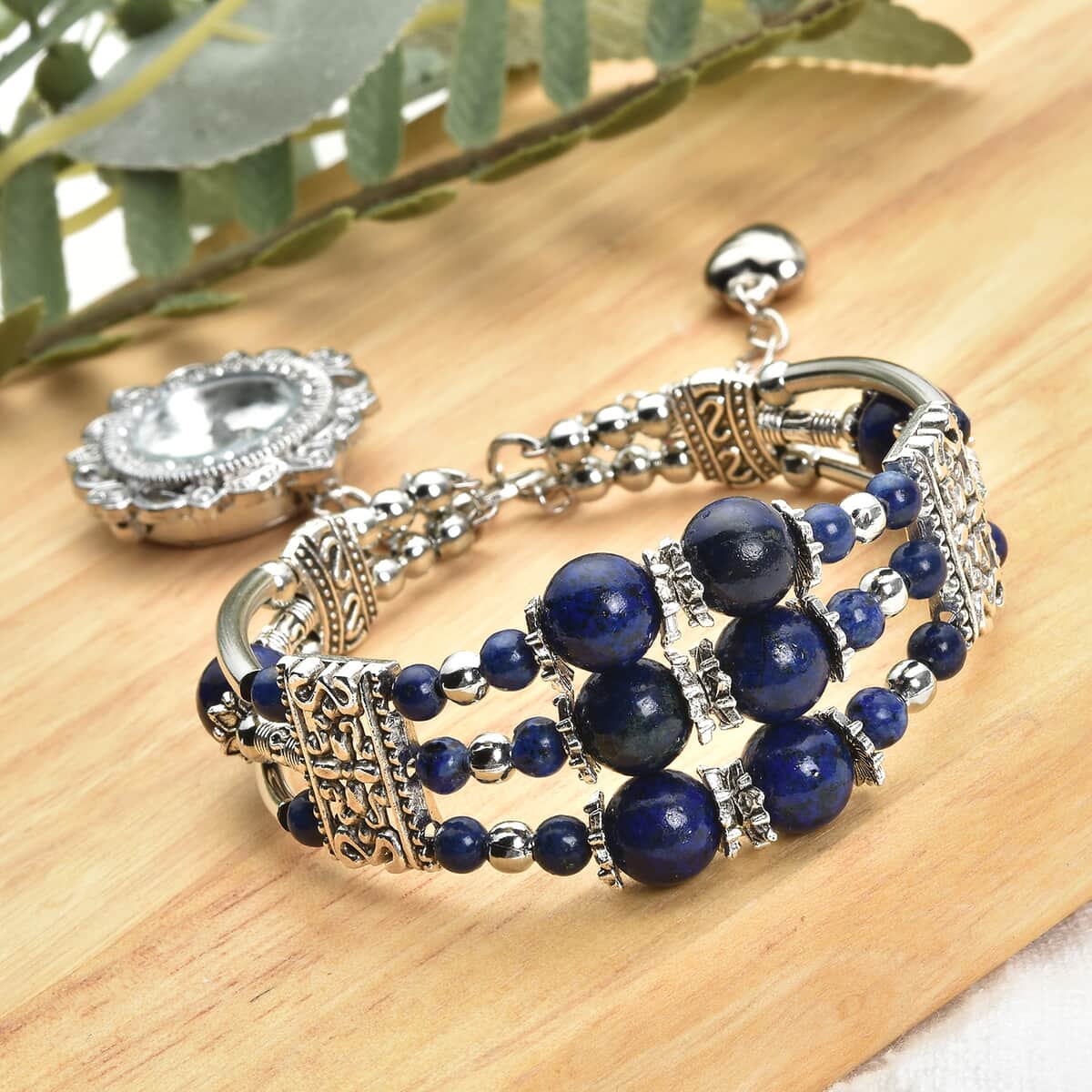 Strada Lapis Lazuli Beaded and Austrian Crystal Japanese Movement Bracelet Charm Watch in Silvertone (6.75- 8.25 In) 24.00 ctw image number 1