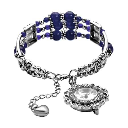 Strada Lapis Lazuli Beaded and Austrian Crystal Japanese Movement Bracelet Charm Watch in Silvertone (6.75- 8.25 In) 24.00 ctw image number 3