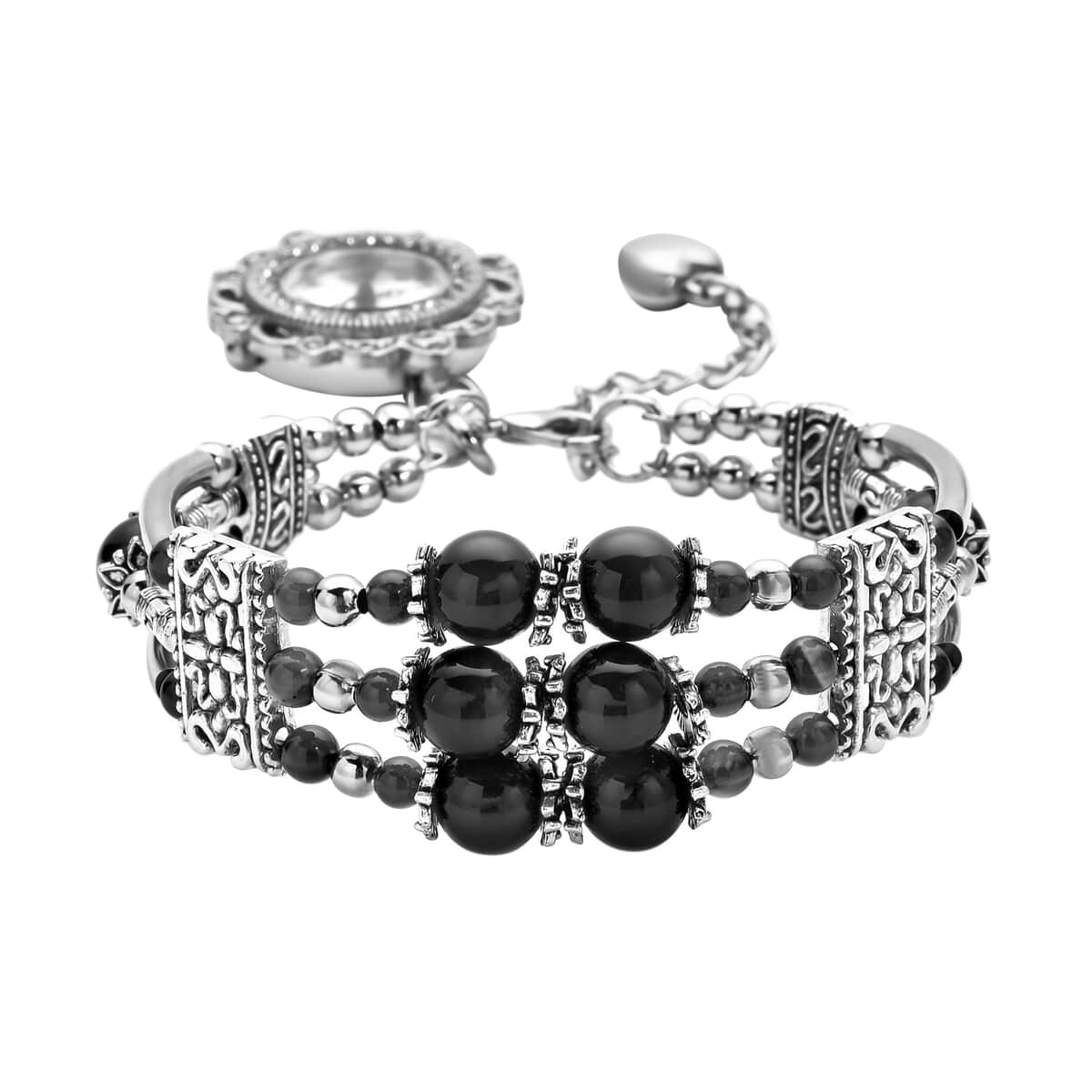 Strada Black Agate Beaded and Austrian Crystal Japanese Movement Bracelet Charm Watch in Silvertone (6.75- 8.25 In) 24.00 ctw image number 0