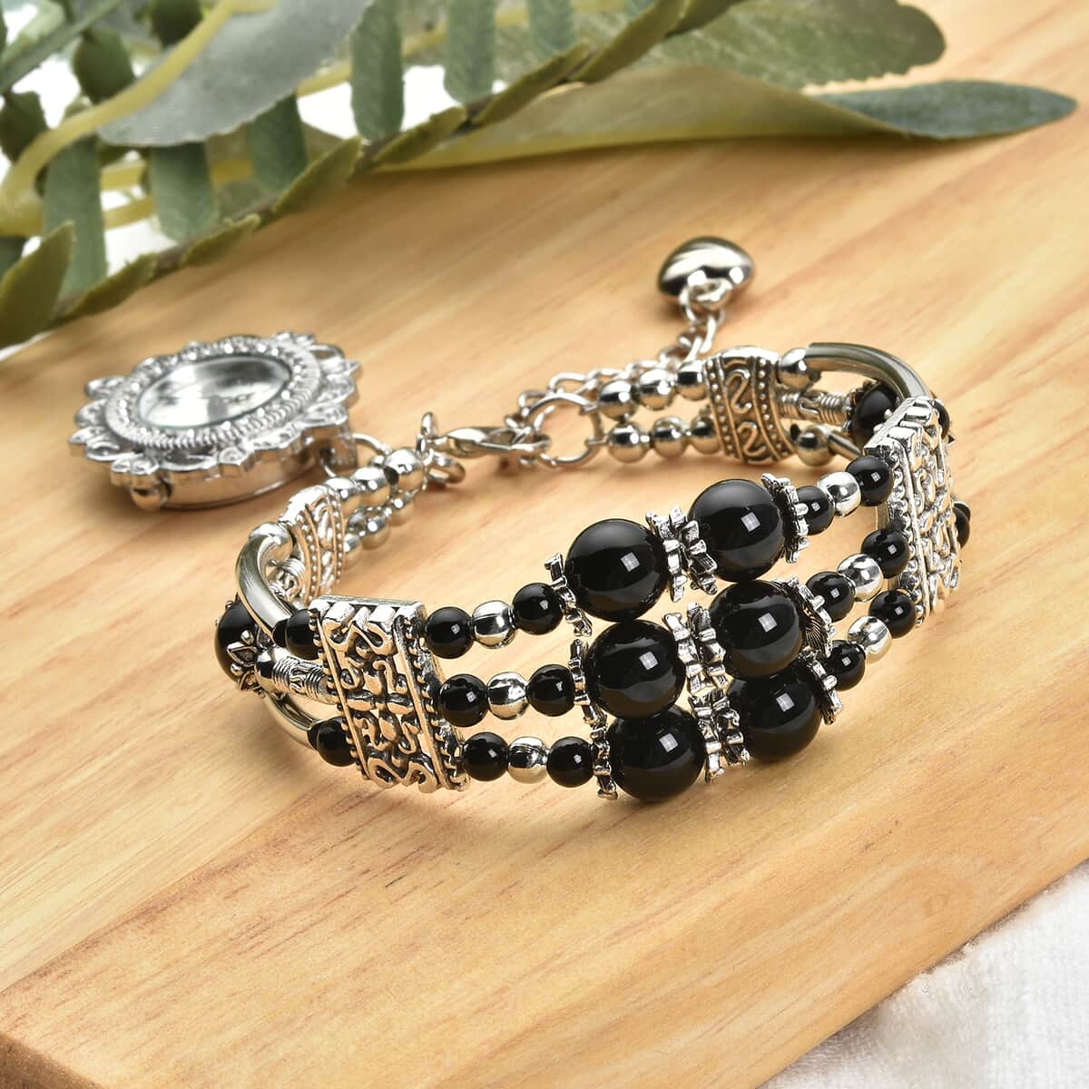 Strada Black Agate Beaded and Austrian Crystal Japanese Movement Bracelet Charm Watch in Silvertone (6.75- 8.25 In) 24.00 ctw image number 1