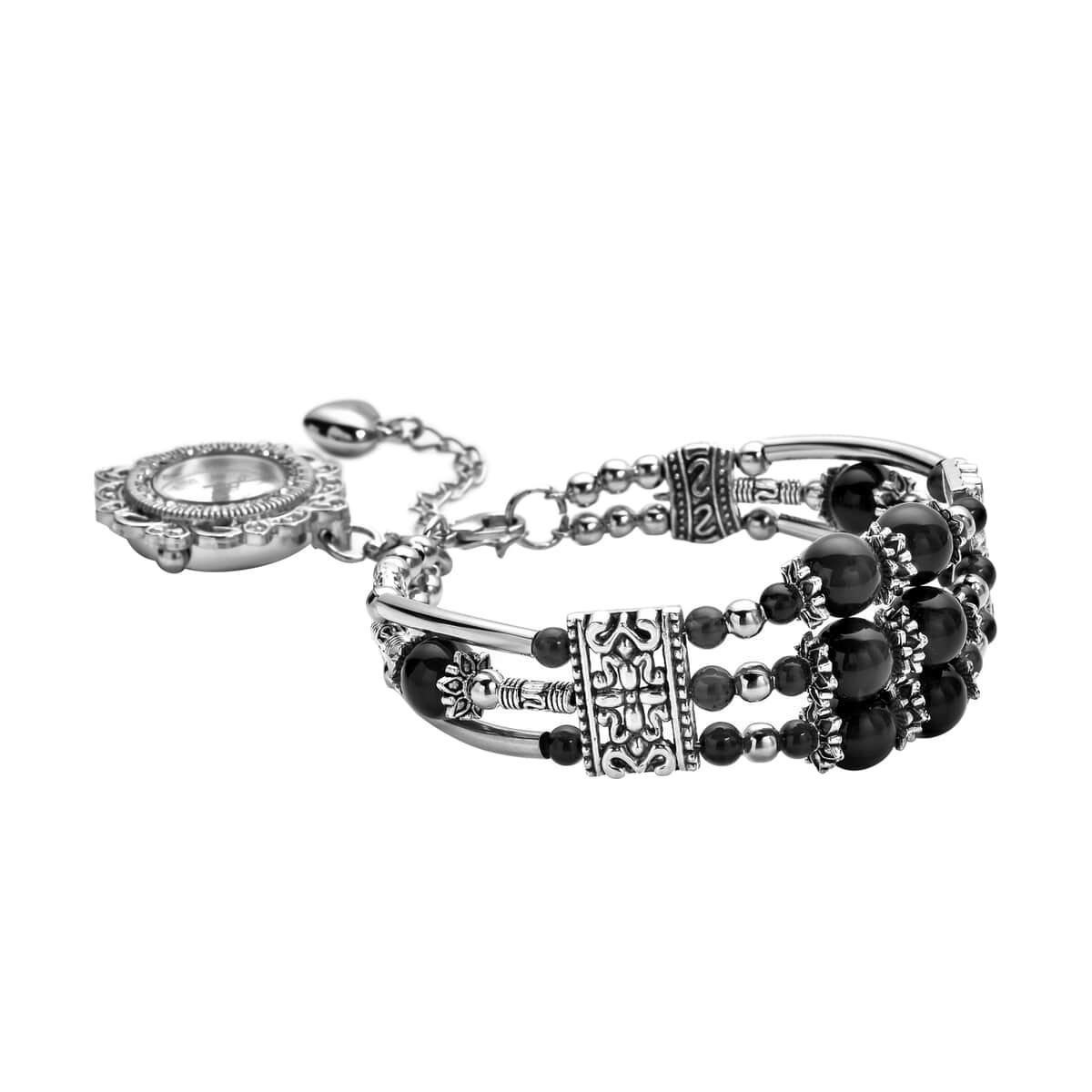 Strada Black Agate Beaded and Austrian Crystal Japanese Movement Bracelet Charm Watch in Silvertone (6.75- 8.25 In) 24.00 ctw image number 2