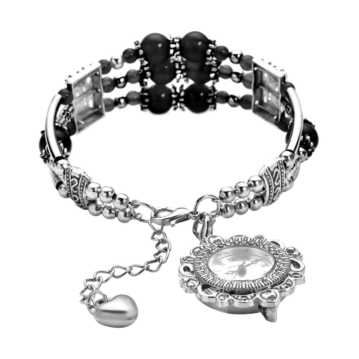 Strada Black Agate Beaded and Austrian Crystal Japanese Movement Bracelet Charm Watch in Silvertone (6.75- 8.25 In) 24.00 ctw image number 3
