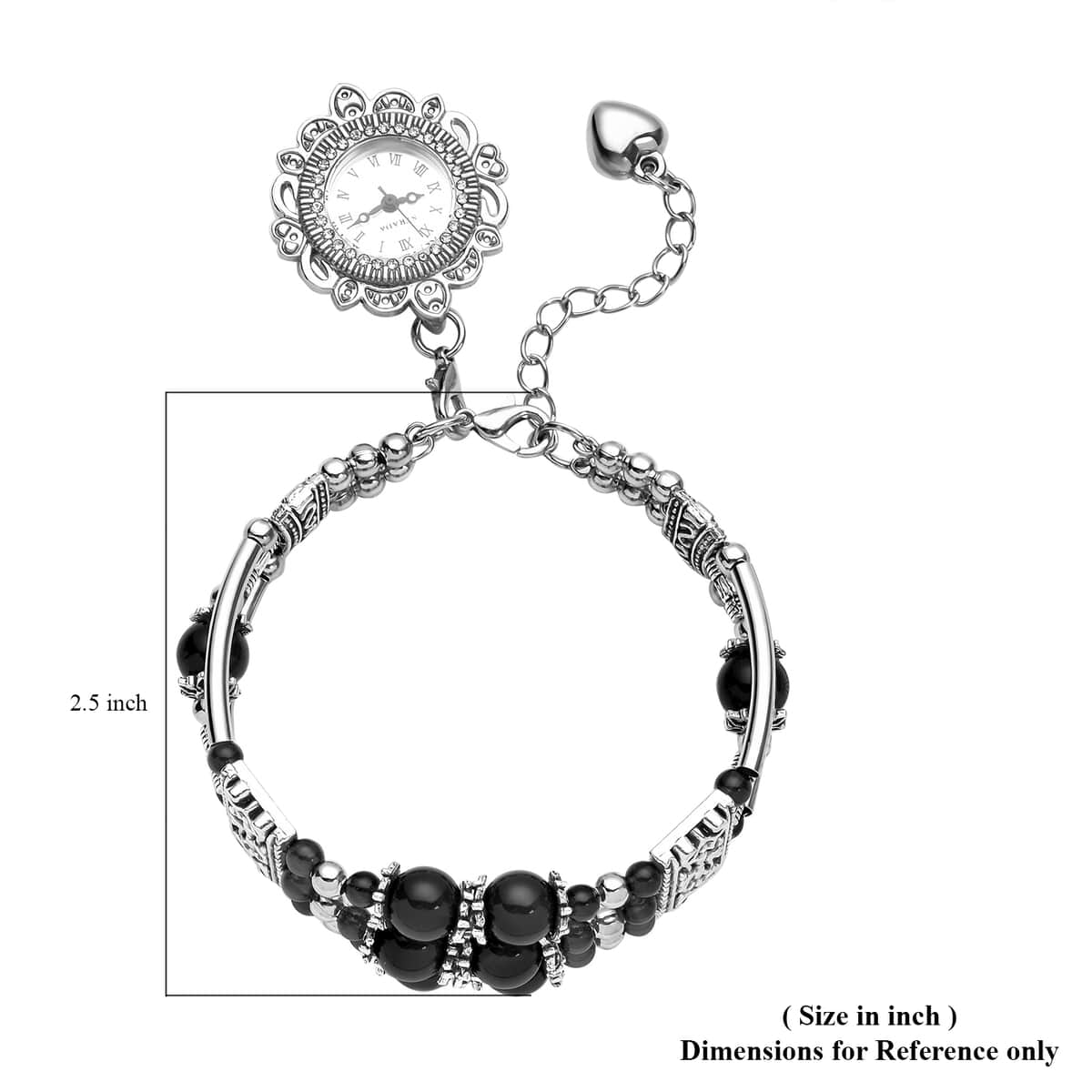 Strada Black Agate Beaded and Austrian Crystal Japanese Movement Bracelet Charm Watch in Silvertone (6.75- 8.25 In) 24.00 ctw image number 6