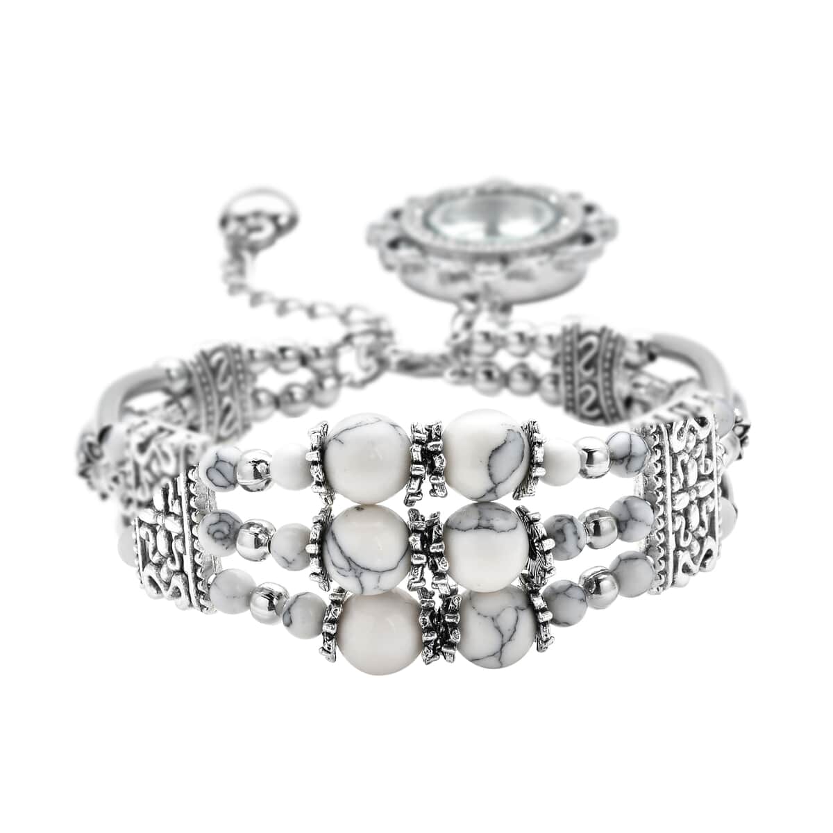Strada White Howlite Beaded and Austrian Crystal Japanese Movement Bracelet Charm Watch in Silvertone (6.75- 8.25 In) 24.00 ctw image number 0